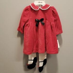 Little Me NWT Red Luxury Cotton Velour Dress with Lace/Bow Trim and Tights